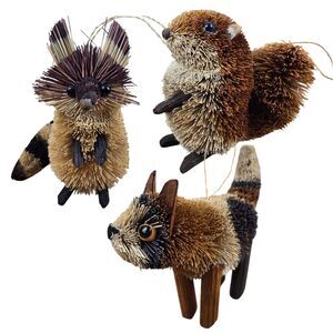 Lot of 3 Bristle Bottle Brush Woodland Animal Ornaments Squirrel Raccoon Fox